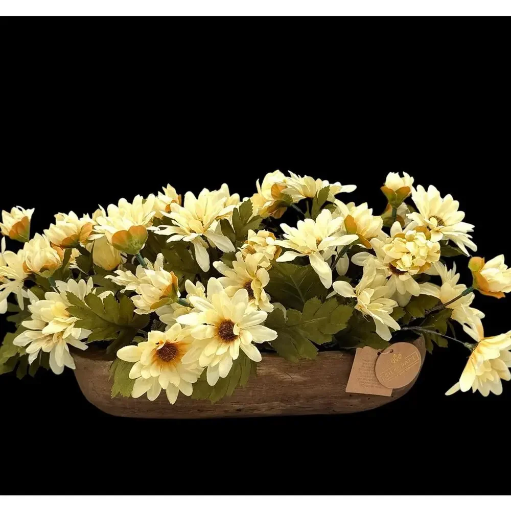 Silkcraft Of Oregon Faux Daisies Flower Arrangement Rustic Carved Wood Planter